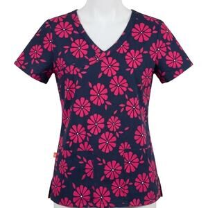 orange standard Scrub Top Womens XS Black Red Short Sleeve Floral Nurse Medical